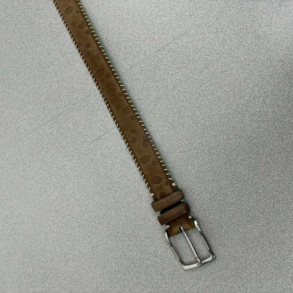 Robert Graham Belt Mens 34 Brown Paisley Leather Whipstitch Silver Buckle